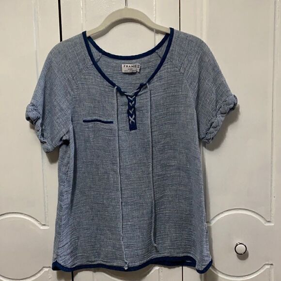 Frame blue rolled cuff sleeves navy piping size S - Picture 1 of 13